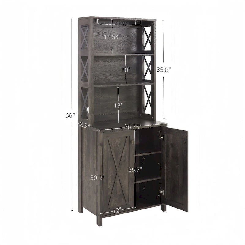 Coffee Bar Cabinet with Microwave Stand, Metal Frame & Barn Design
