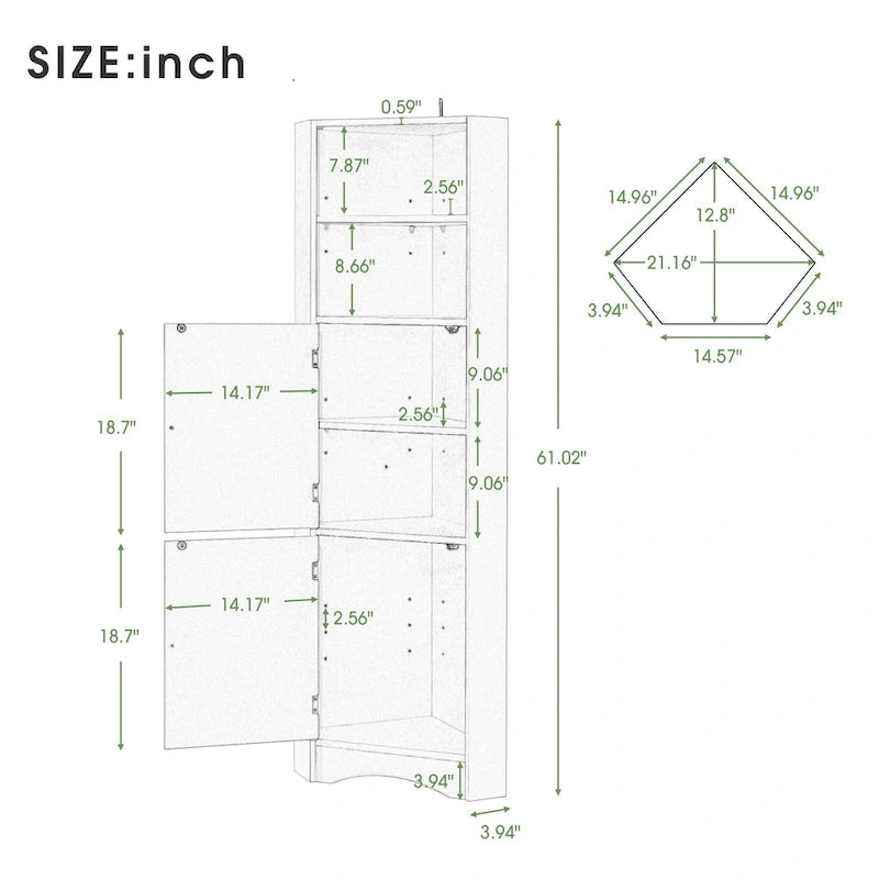 Tall Bathroom Corner Cabinet, Freestanding Storage Cabinet with Doors and Adjustable Shelves, MDF Board, Green
