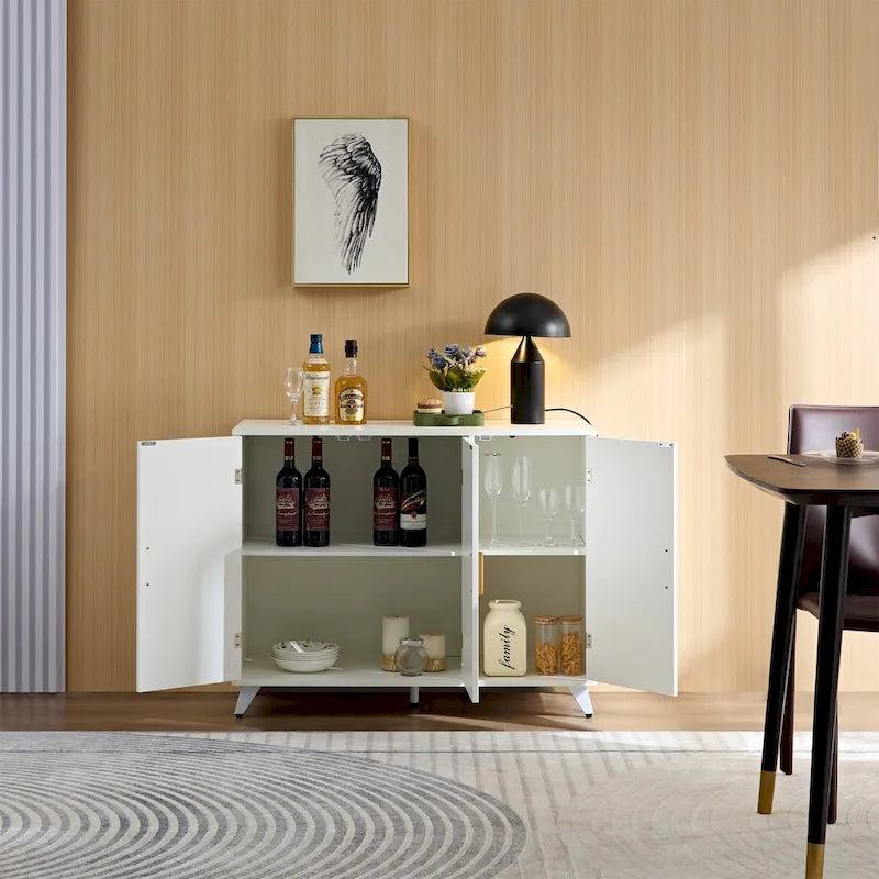 Sideboard with Wavy Texture Buffet Cabinet - White with Brass Legs