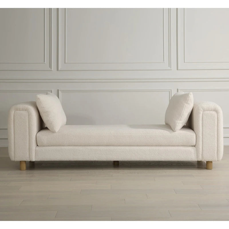 Oversized Ivory Faux Sheepskin Bench with Oak Legs - 28.5H x 90.5W x 26D