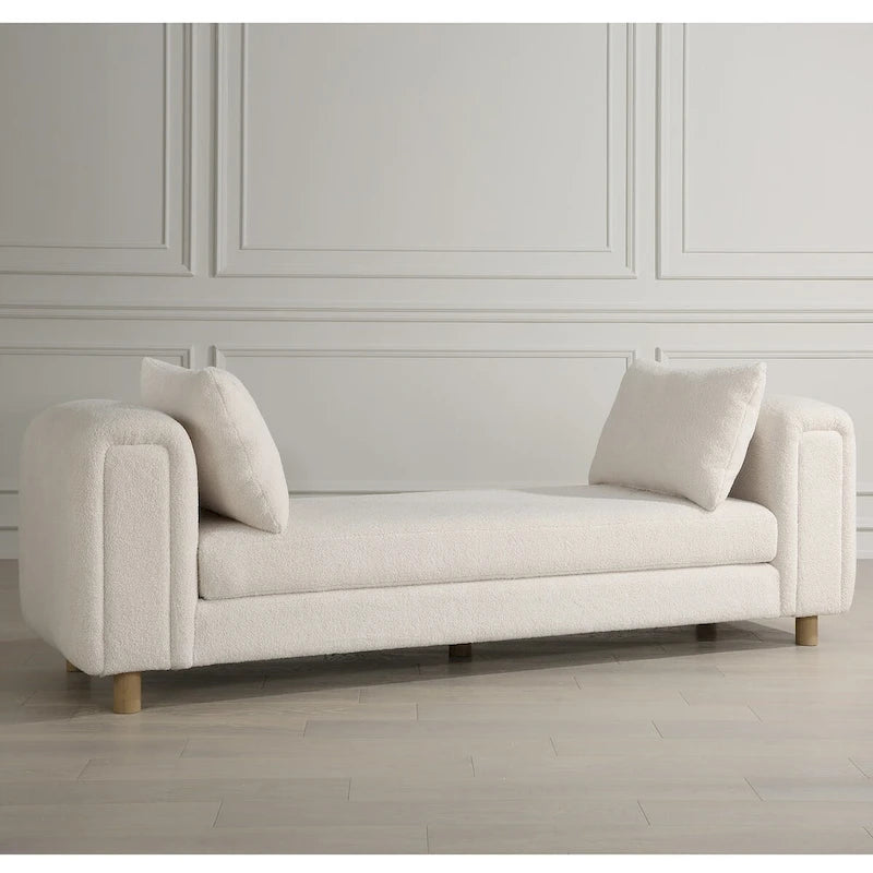 Oversized Ivory Faux Sheepskin Bench with Oak Legs - 28.5H x 90.5W x 26D