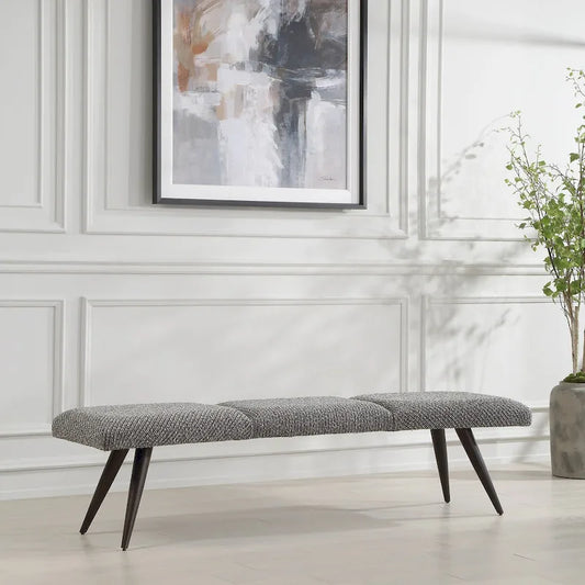 Banc en tissu texturé anthracite Bowtie avec pieds en bronze - 18H x 72,5W x 20P