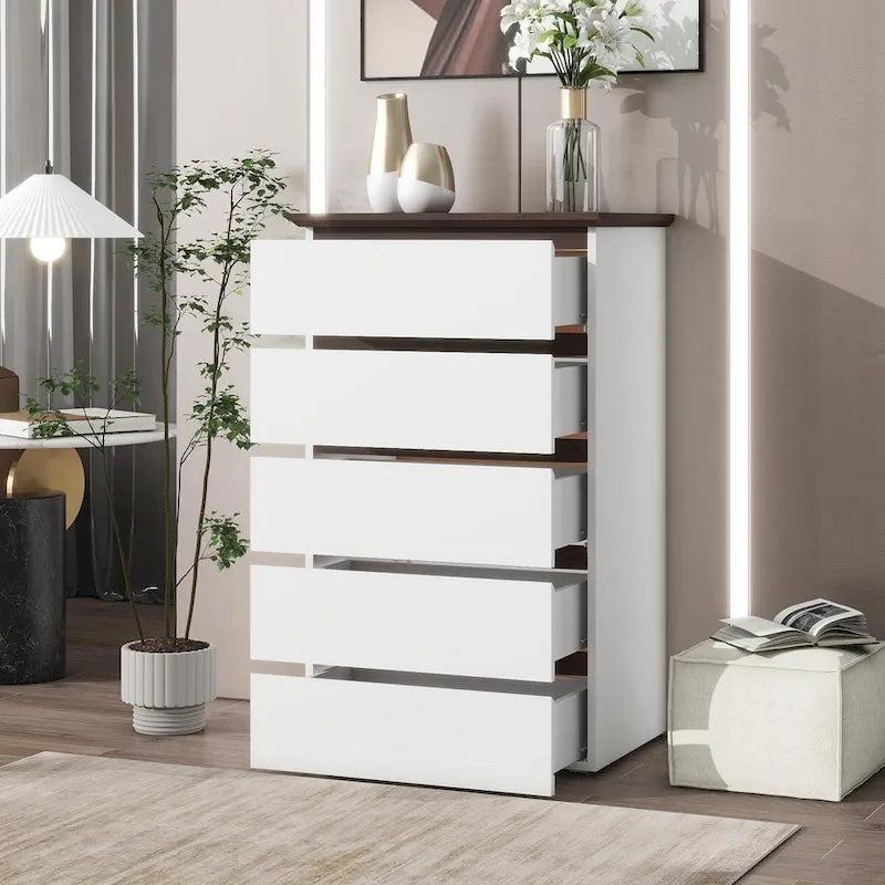 Tall White Dresser for Bedroom, Mid Century Modern Dresser with Drawers, 5 Drawer Dresser with Wood Color Top, Small Dresser