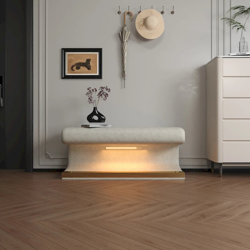 37W Entryway Bench Leather Upholstered Ottoman with LED
